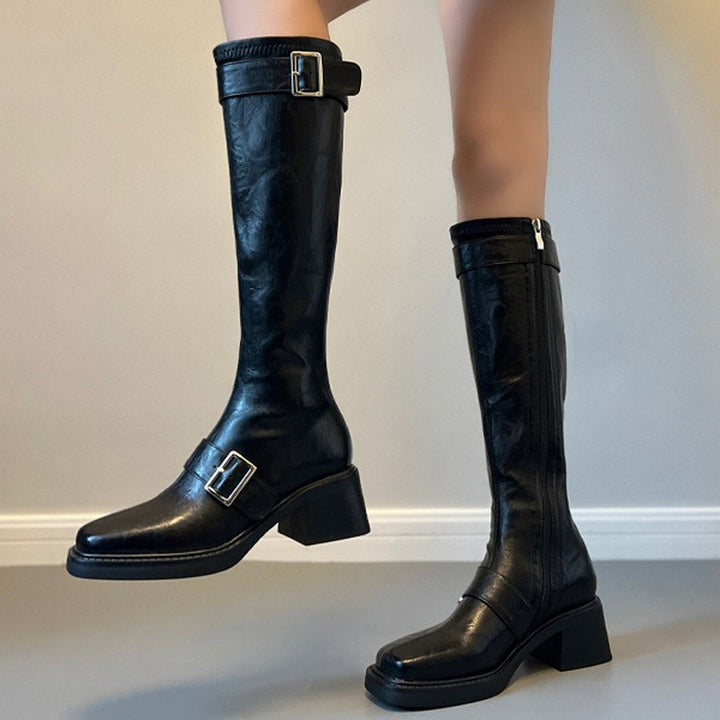 Women's Vintage Knee High Zipper Boots - Square Toe Buckle Strap Chunky Block Heel Riding Boots