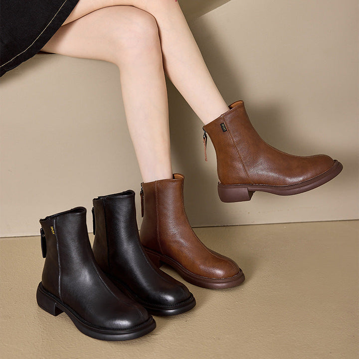 Women’s Leather Ankle Boots – Low Heel Back Zip Comfortable Casual Shoes