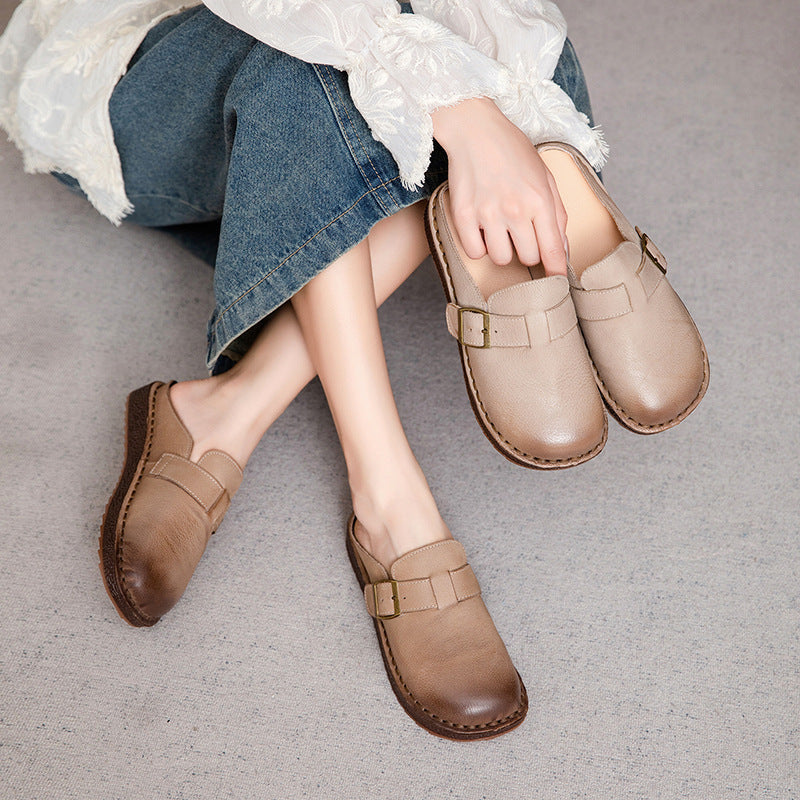 Wide Round Toe Leather Buckle With Decoration Flat Comfort Women's Mule Shoes