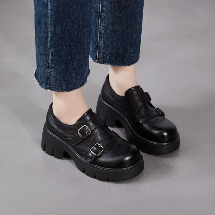 Women’s Retro Round Toe Derby Shoes – British Style Platform Loafers with Buckle