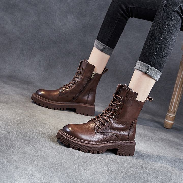Women's Casual Genuine Leather Boots – Ankle Length with Zipper