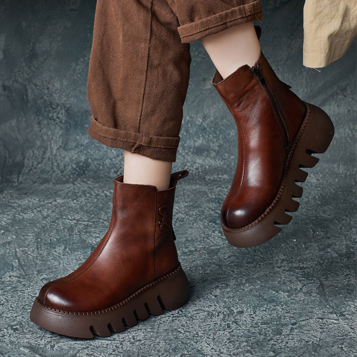 Women's Vintage Cowhide Platform Ankle Booties Round Toe Rubber Sole Winter Boots