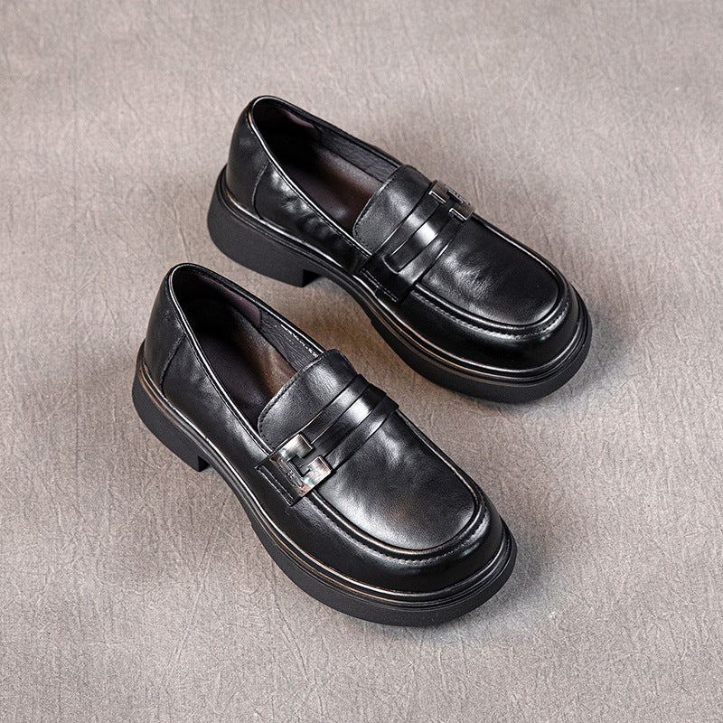 Women's Leather Platform Loafers with Chunky Heels and Metal Buckles — Comfortable