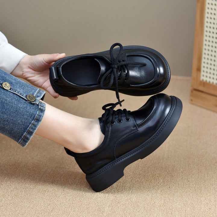 Women's Leather Casual Lace-up Round-Toe Low-Heel Daily Shoes