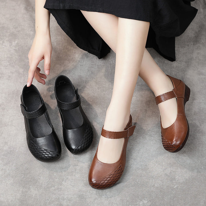 Women's Leather Mary Janes - Vintage Embossed Woven Toe Wedge Flats Comfort Walking Shoes
