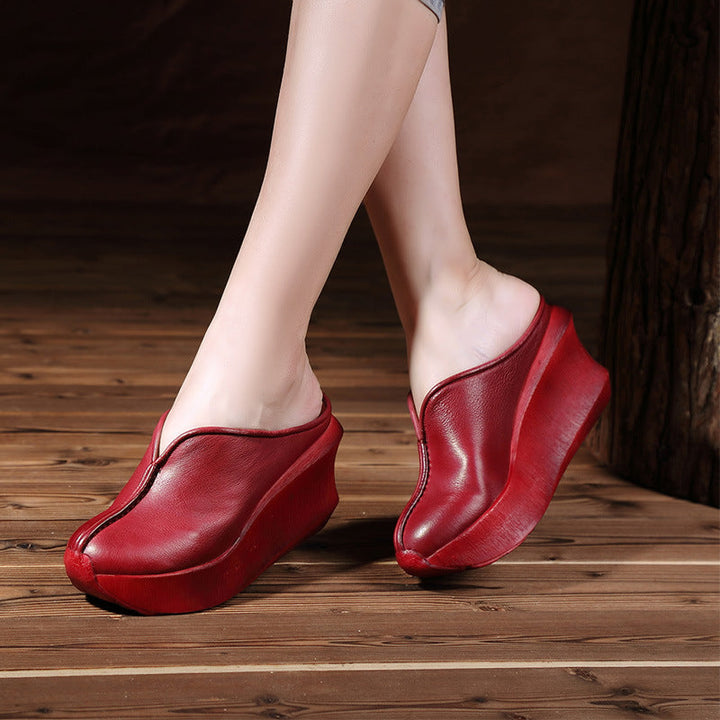 Women's Platform Mules - Premium Cowhide & Sheepskin - Summer Wedge Heels