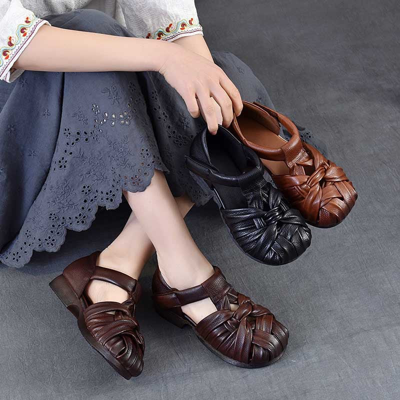 Women's Leather Woven Sandals - Handcrafted Cut-out Fisherman Shoes