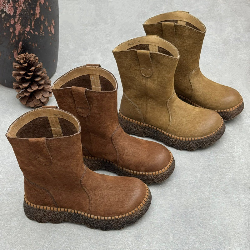 Women's Genuine Leather Mid-Calf Boots Vintage Round Toe Slip-on Winter Shoes
