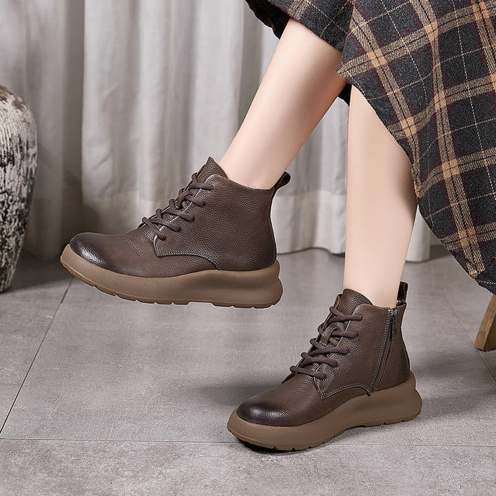 Women’s British Style Leather Platform Ankle Boots – Zip High-Top Design
