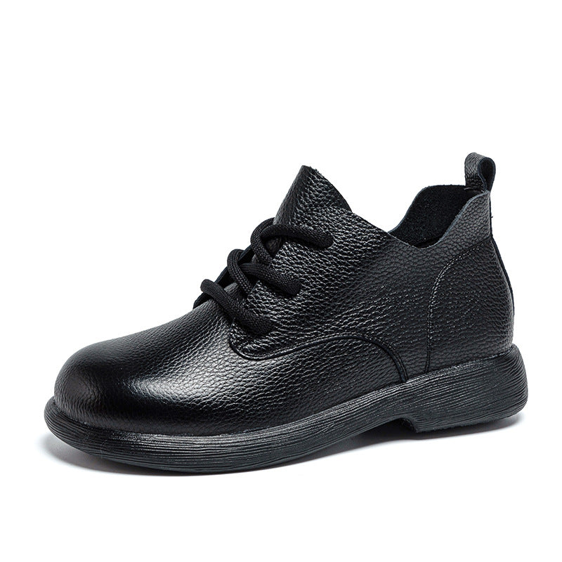 Women's Leather Oxfords - Pebble Grain Textured Round Toe Lace-Up Casual Shoes Comfort Walking Flats