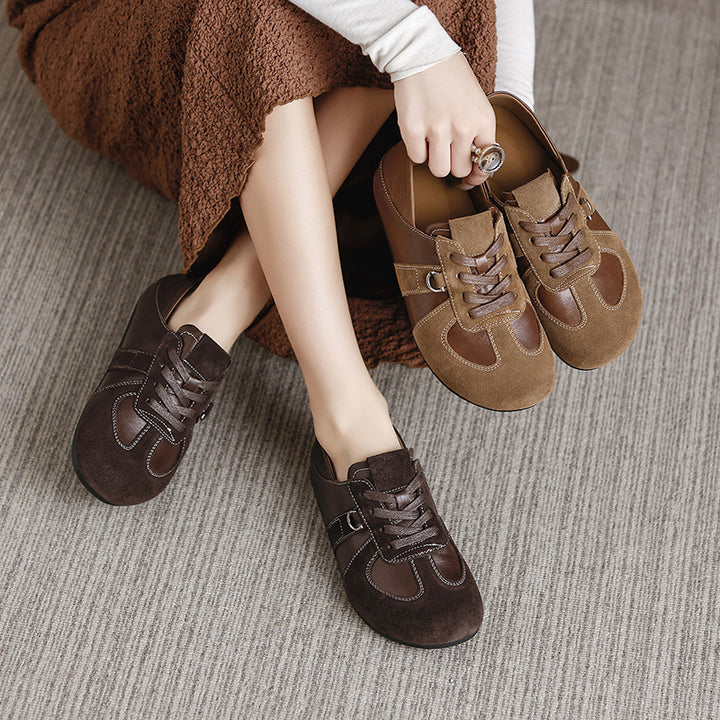 Women's Sheepskin Suede Patchwork Hidden Wedge Sneakers Lace Up Retro Casual Shoes