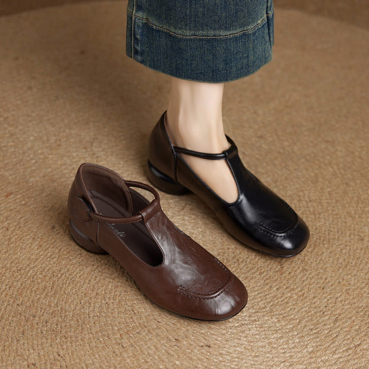 Women's Leather T-Strap Shoes with Block Heel Square Toe — Velcro Fastening, Casual Style