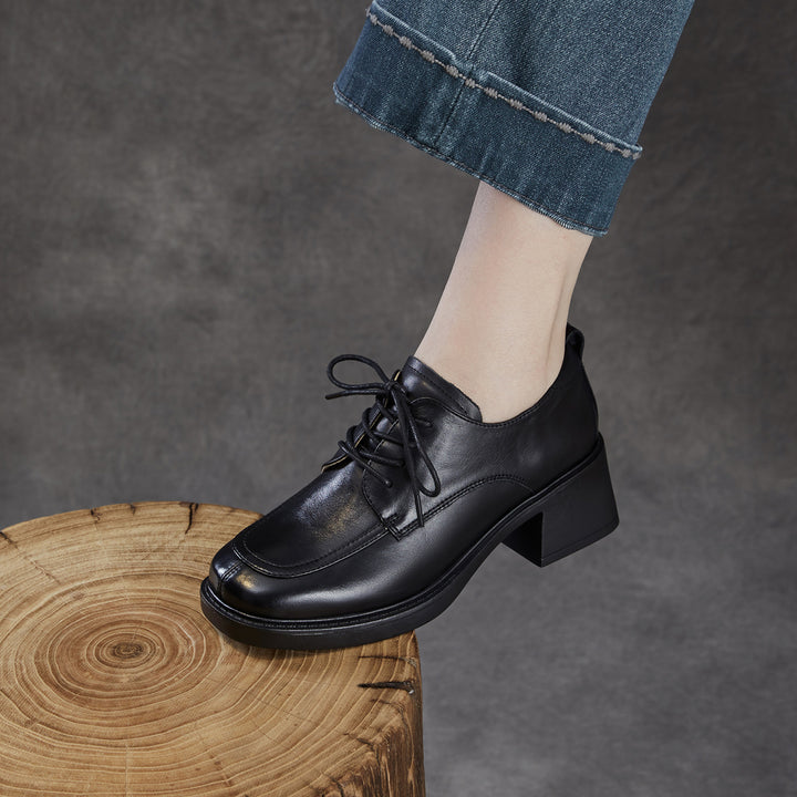 Women's Top-Grain Leather Oxford Shoes Chunky High Heel Lace Up Platform Pumps