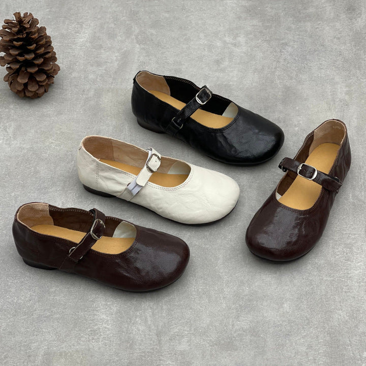 Women’s Handmade Sheepskin Mary Jane Flats – Vintage Round Toe Slip-On Shoes