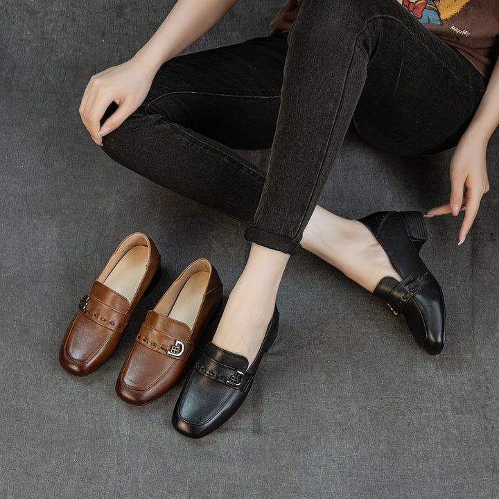 Women's Cowhide Leather Square Toe Pumps Vintage Mid Heel Loafers Microfiber Lining