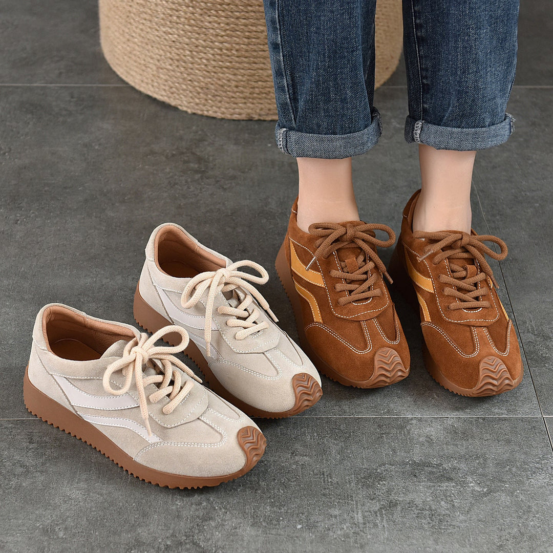 Women’s Spring Retro Leather Trainers – Soft Sole Lace-Up Casual Sneakers