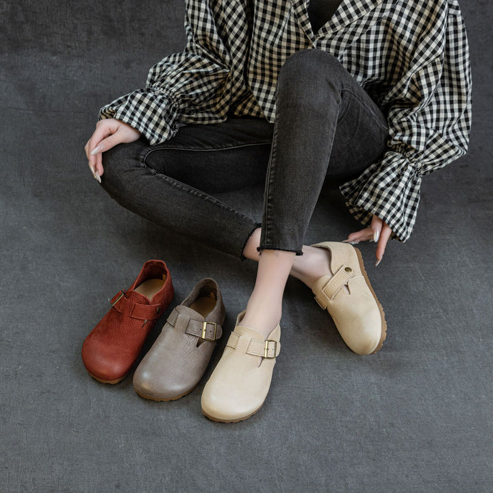Women's Soft Leather Birkenstock Clogs - Round Toe Adjustable Buckle Strap Slip-On Flat Loafers