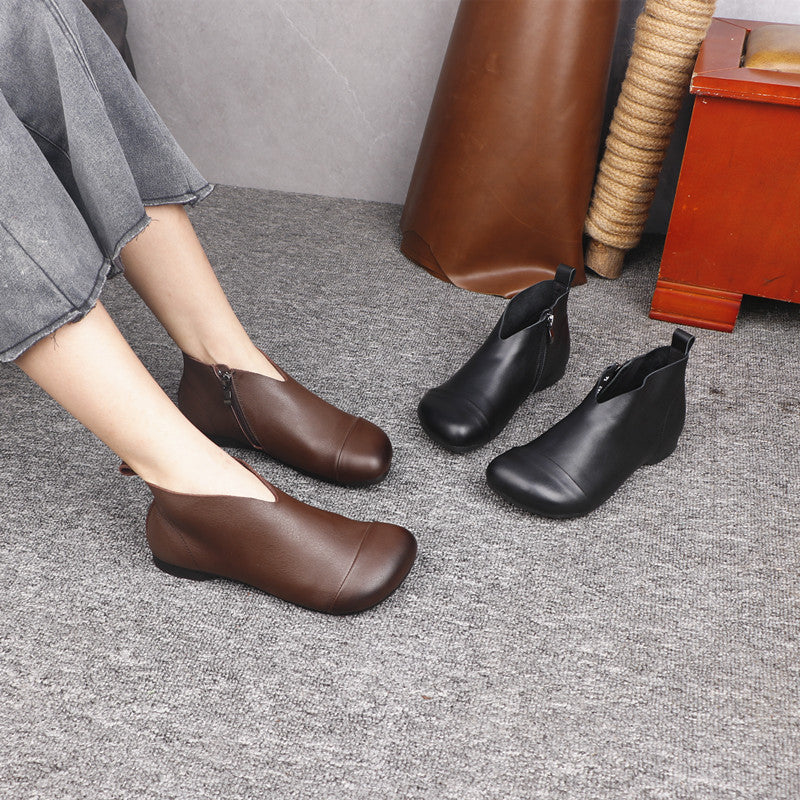 Women's Genuine Leather Ankle Boots Side Zipper V-Cut Flat Booties Casual Walking Shoes