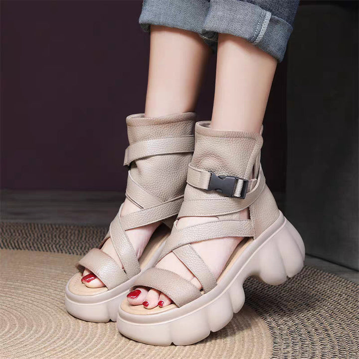 Women's Leather Sandals Boot - Platform Chunky High Heel Gladiator Booties, Elastic Strap Open Toe Summer Shoes