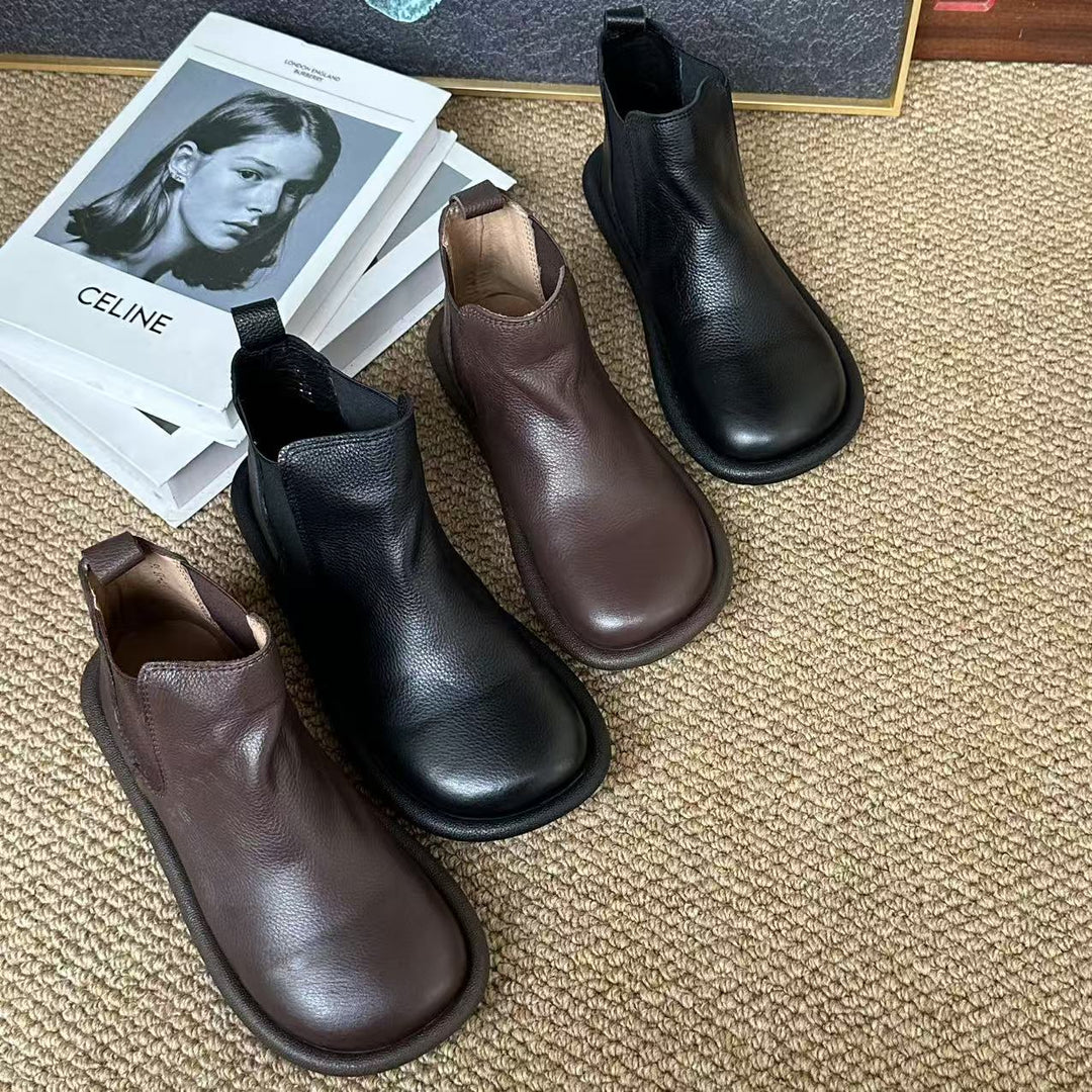 Women's Leather Ankle Boots Spring Fall Casual Unlined Slip-on Shoes