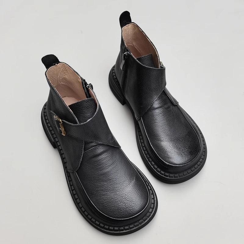 Genuine Leather Women's Ankle Boots - Big Toe Box Platform Work Boots
