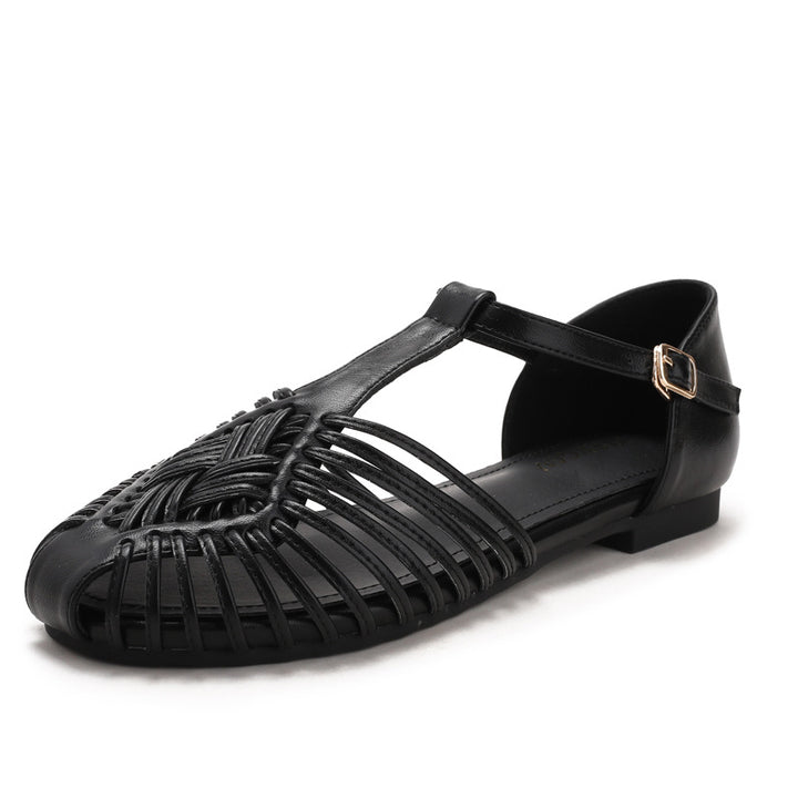 Women's Retro Gladiator Sandals T-Strap Woven Mary Jane Summer Lightweight Flats