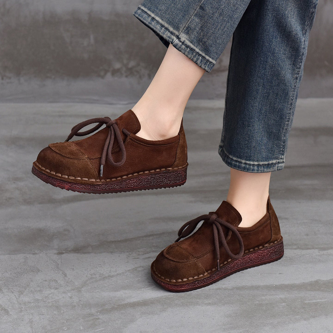 Women's Leather Lace-Up Flat Shoes – Comfortable Patchwork Casual Style