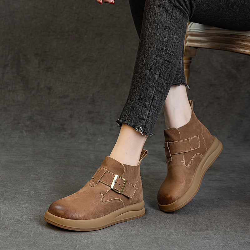 Women's Vintage Leather High-Top Ankle Boots – Buckle Strap Casual Style