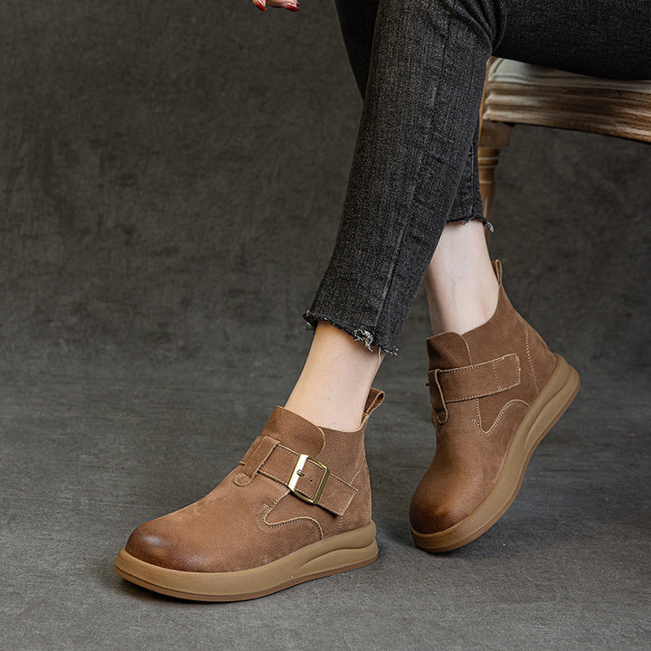 Women's Vintage Leather High-Top Ankle Boots – Buckle Strap Casual Style