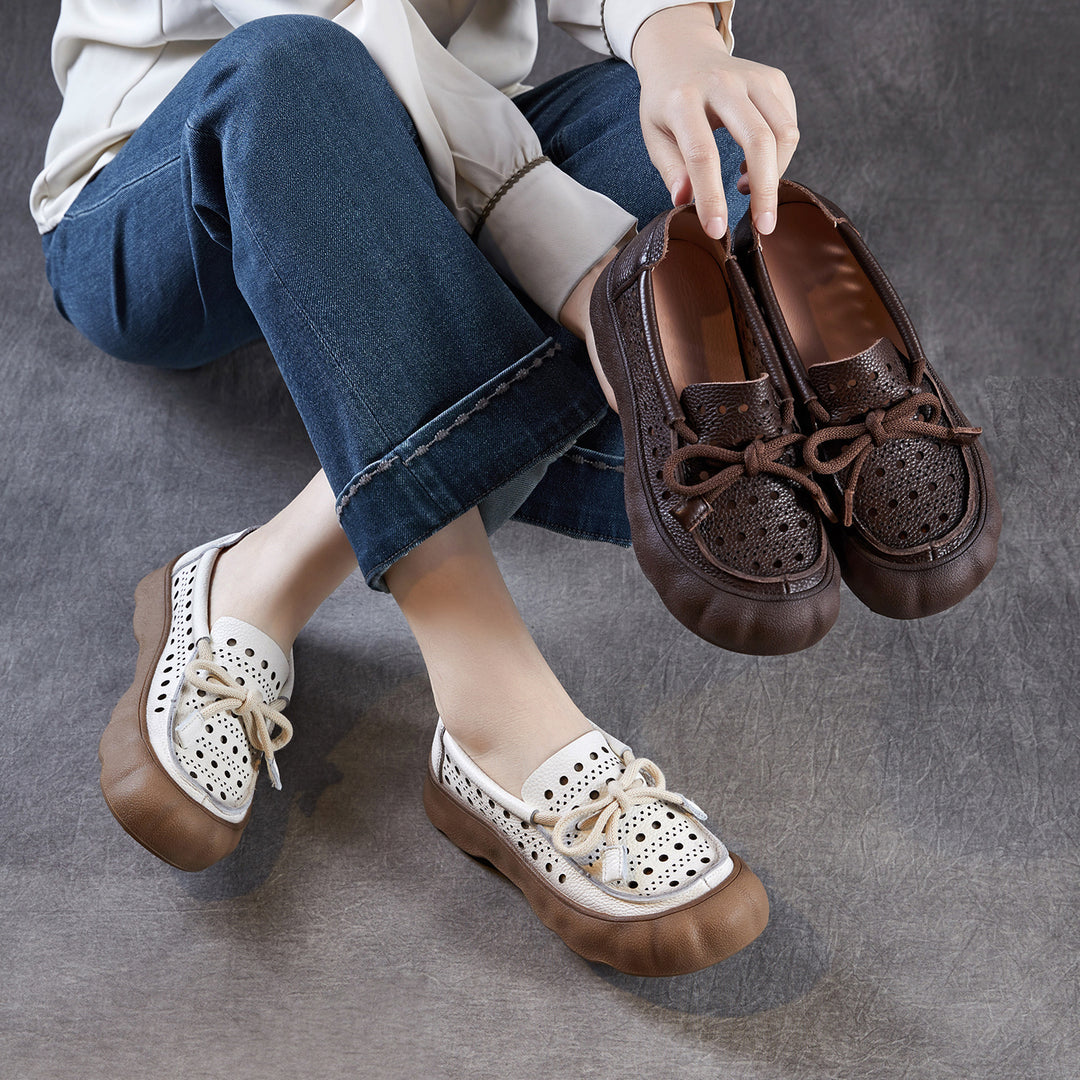 Women's Leather Slip-On Sandals — Thick Sole with Cutout Design, Breathable