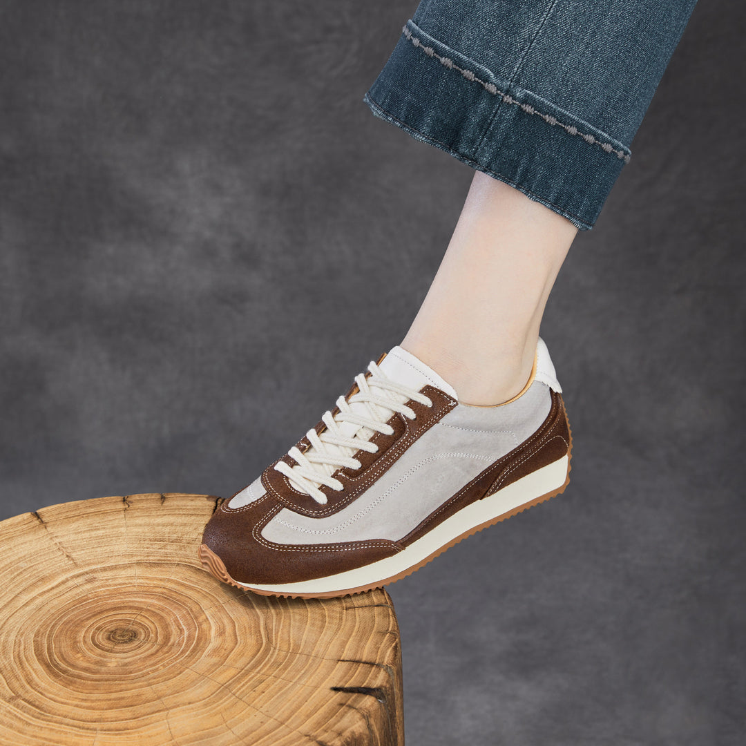 Women's Genuine Leather Hidden Wedge Sneakers Vintage Lace-up Round Toe Casual Shoes