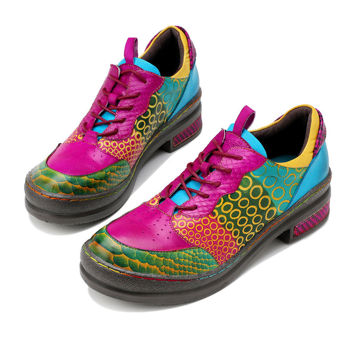 Dopamine Style Vibrant Leather Flats for Women - Artsy Geometric Print Lace-up Casual Shoes