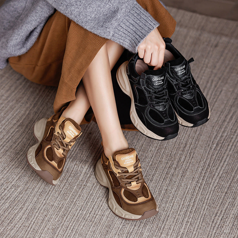 Women's Chunky Leather Sneakers Platform Dad Shoes Retro Lace Up Walking Trainers