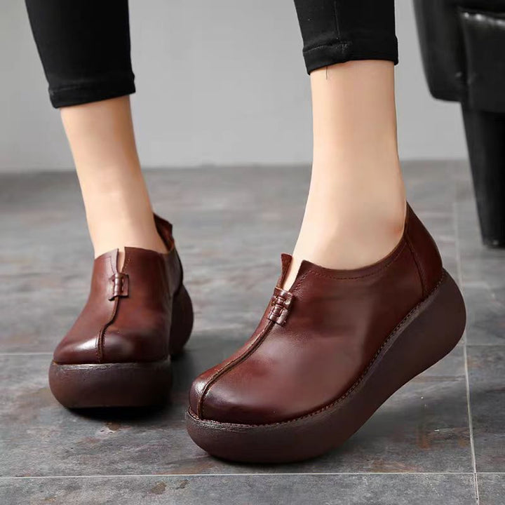 Women's Vintage Cowhide Wedge Platform Shoes Round Toe Soft Sole Slip-On Loafers