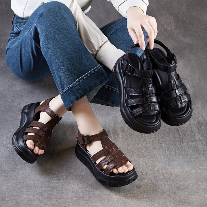 Women's Retro Leather Roman Sandals Vintage Round Toe Platform Chunky Platform Heels