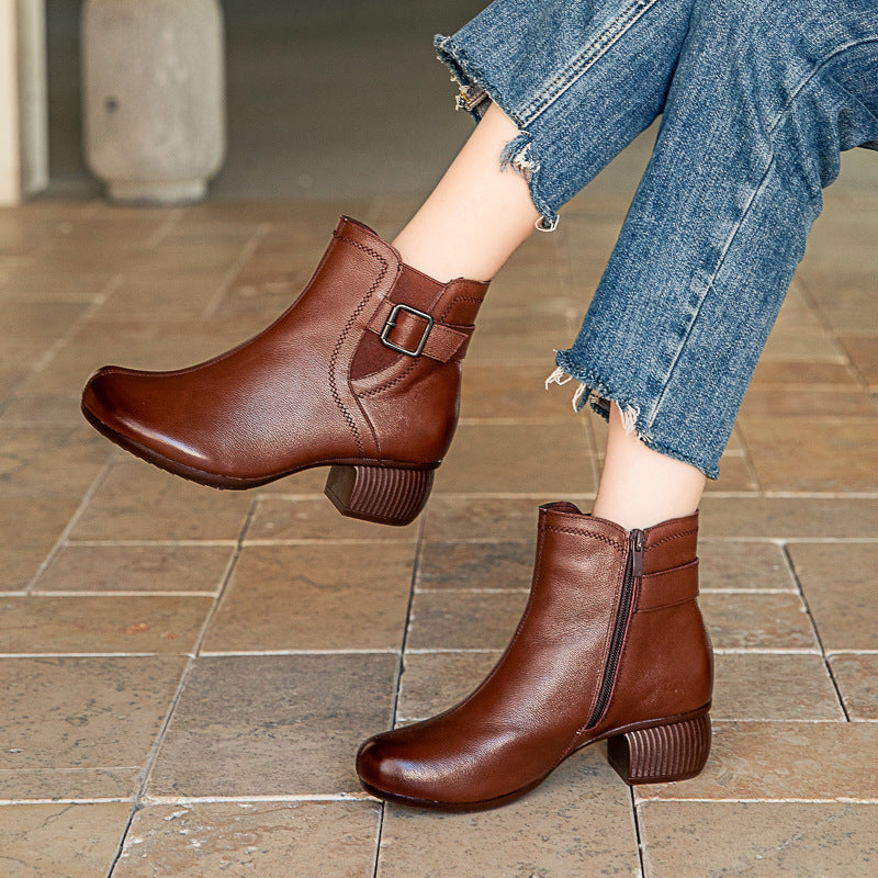 Women’s Leather Retro Ankle Boots – Mid Block Heel Buckle Detail Shoes