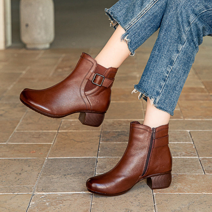 Women’s Leather Retro Ankle Boots – Mid Block Heel Buckle Detail Shoes