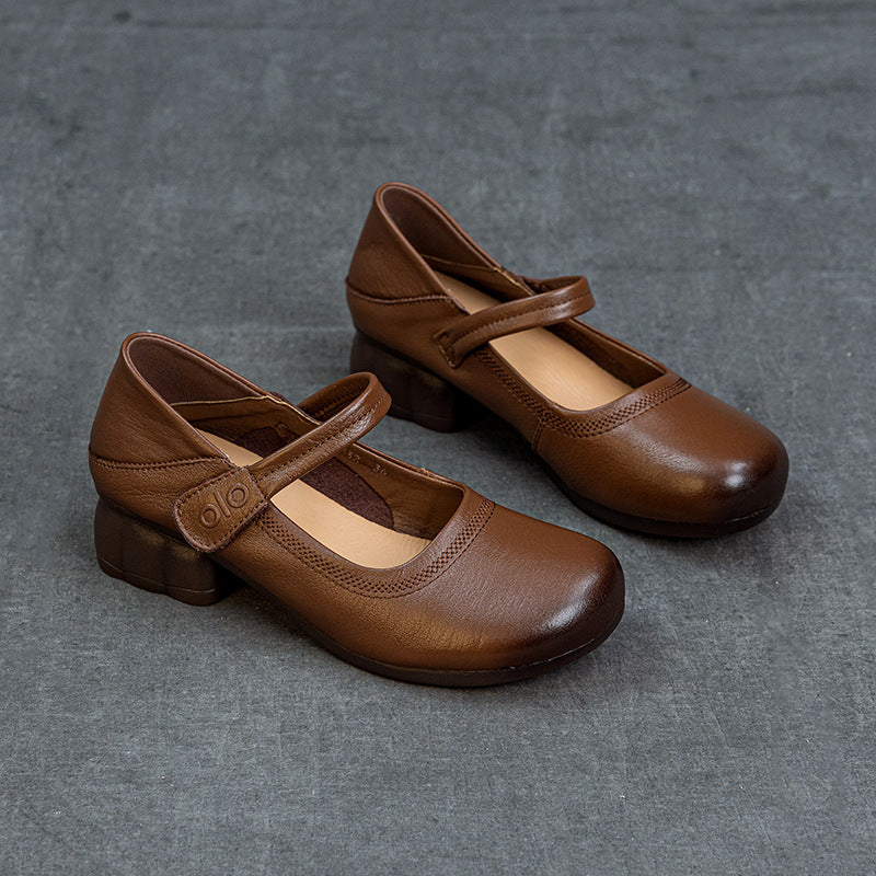 Women's Leather Mary Janes - Round Toe Vintage Instep Strap Block Chunky Heel Pumps