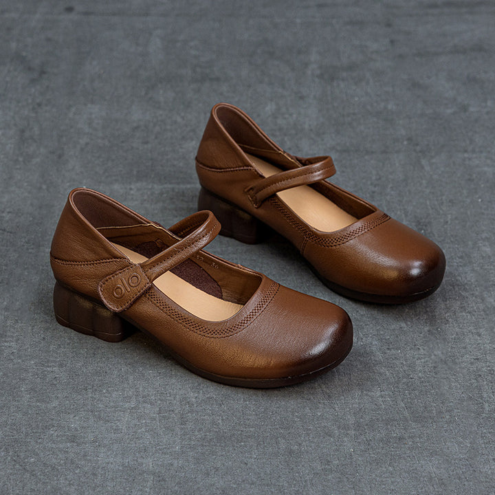 Women's Leather Mary Janes - Round Toe Vintage Instep Strap Block Chunky Heel Pumps