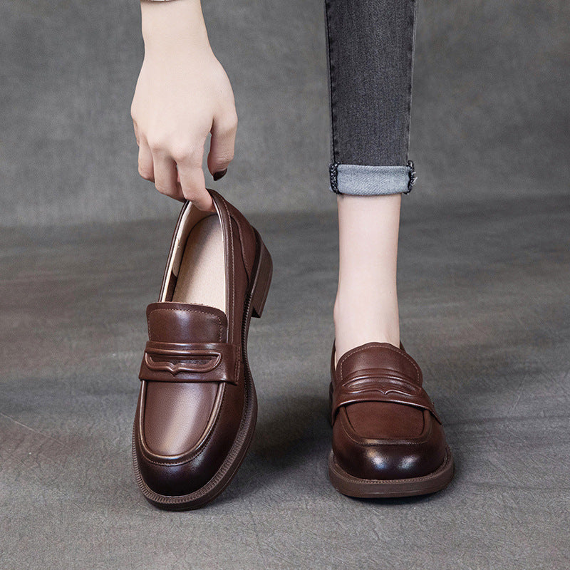 Comfortable Leather Penny Loafers for Women - Classic Round Toe Slip-On Shoes