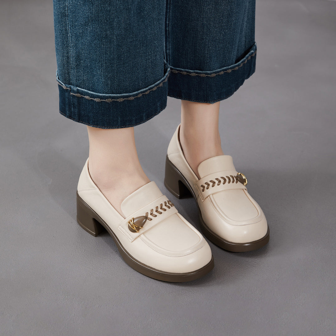 Women's Retro Sheepskin Loafers Vintage Round Toe Woven Strap Chunky Heels