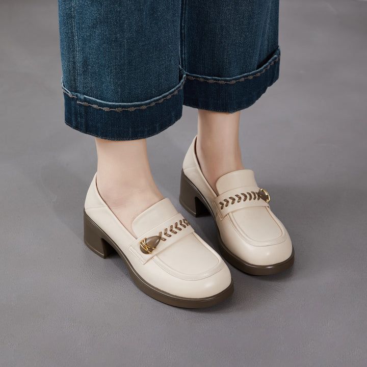 Women's Retro Sheepskin Loafers Vintage Round Toe Woven Strap Chunky Heels