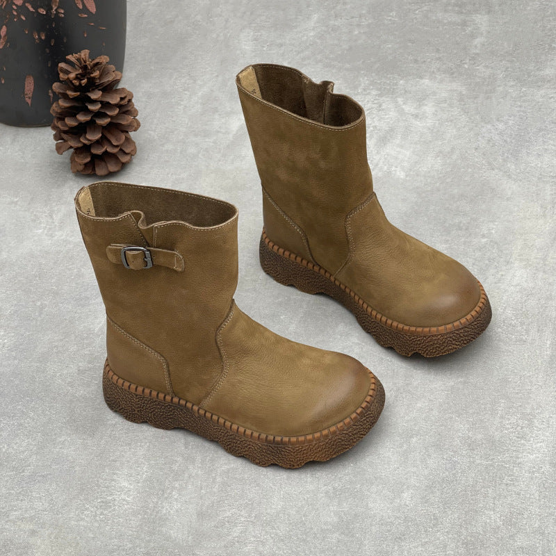 Women's Vintage Leather Mid-Calf Slip On Platform Booties Round Toe Chunky Sole Walking Shoes