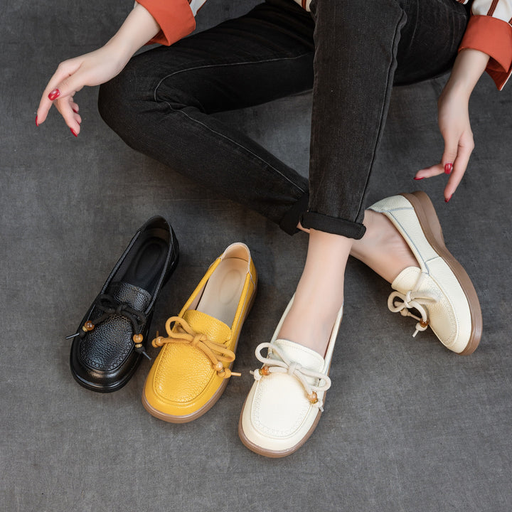 Women's Genuine Leather Loafers Beaded Knot Round Toe Slip On Platform Shoes