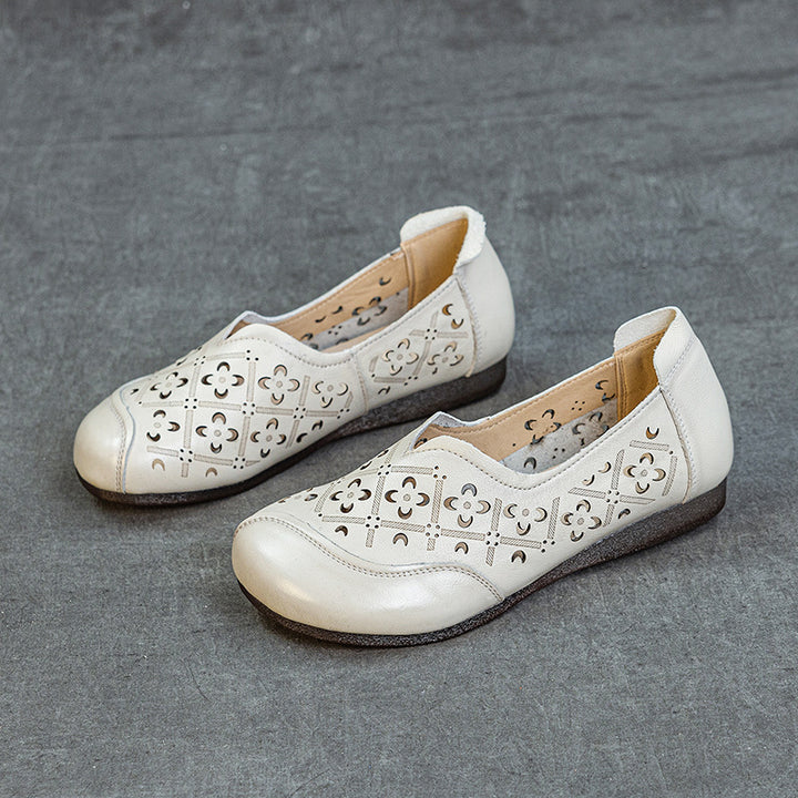 Women's Soft Leather Loafers - Hollow Out V-Neck Geometric Perforated Flats Round Toe Comfort Walking Shoes
