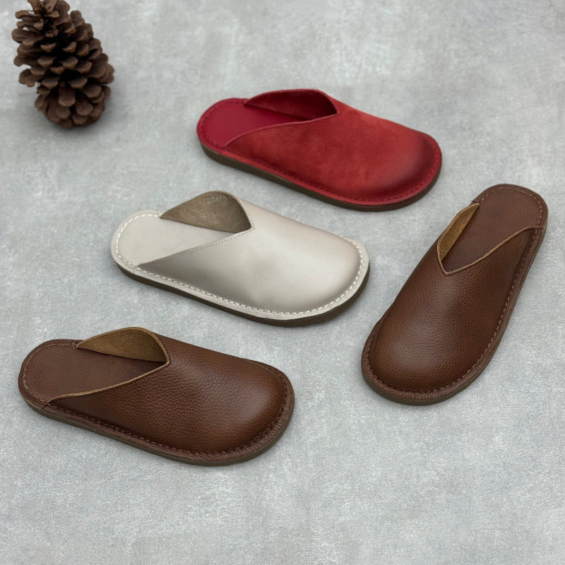 Minimalist V-Cut Cowhide Summer Mules Women's Leather Zen Flat Summer Slides