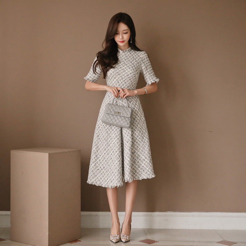 Womens Korean Elegant Midi Tweed Dress