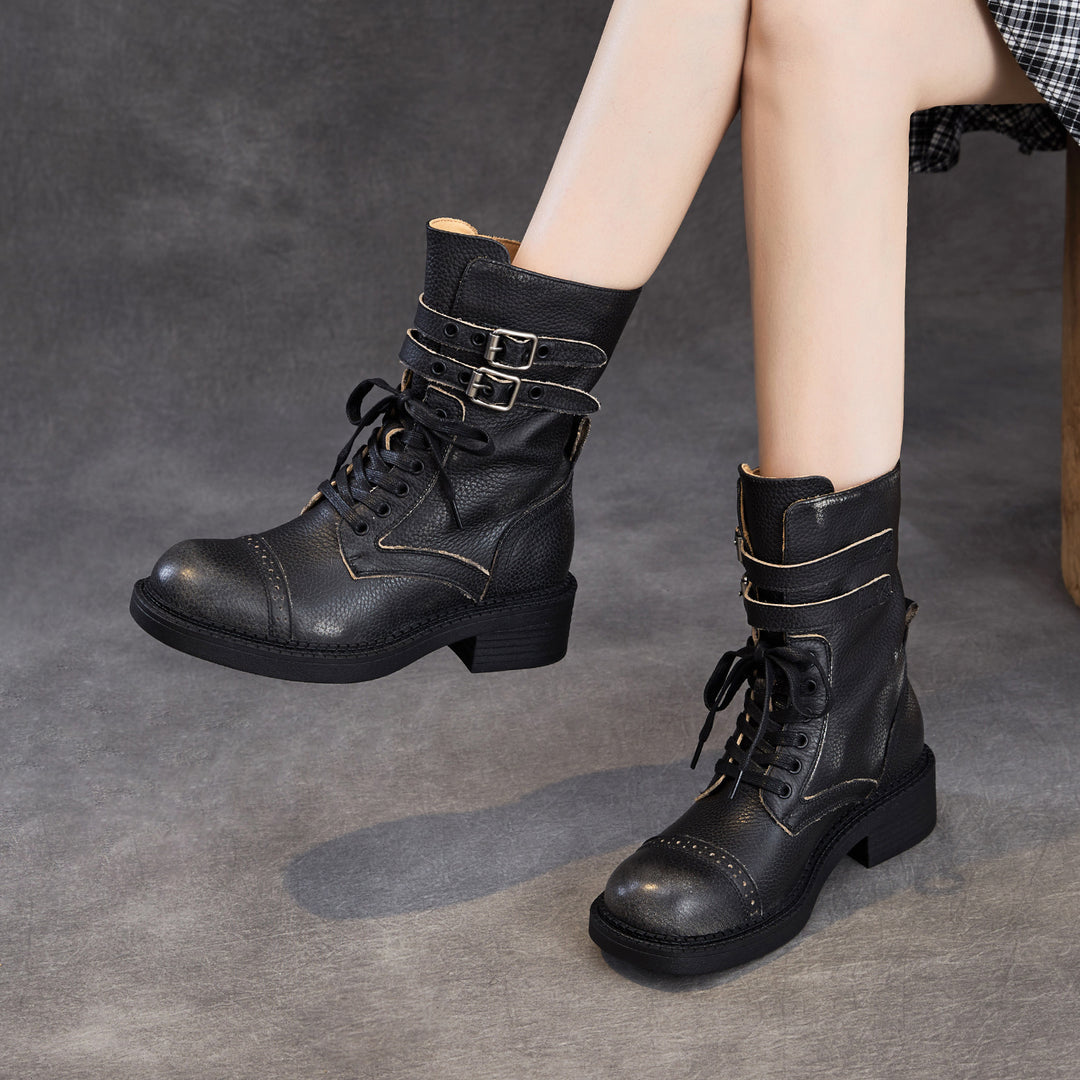 Women‘s Retro Cowhide Mid-Calf Boots Vintage Round Toe Buckle Lace-up Combat Boots