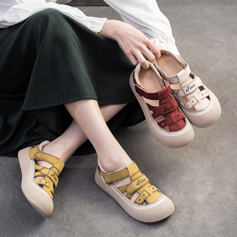 Women's Retro Woven Fisherman Sandals Vintage Leather Velcro Platform Shoes