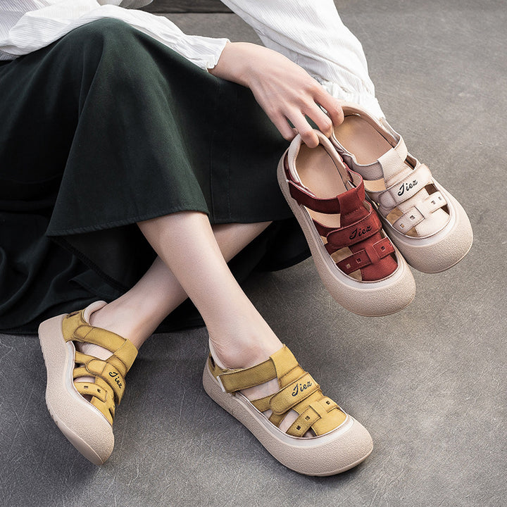 Women's Retro Woven Fisherman Sandals Vintage Leather Velcro Platform Shoes